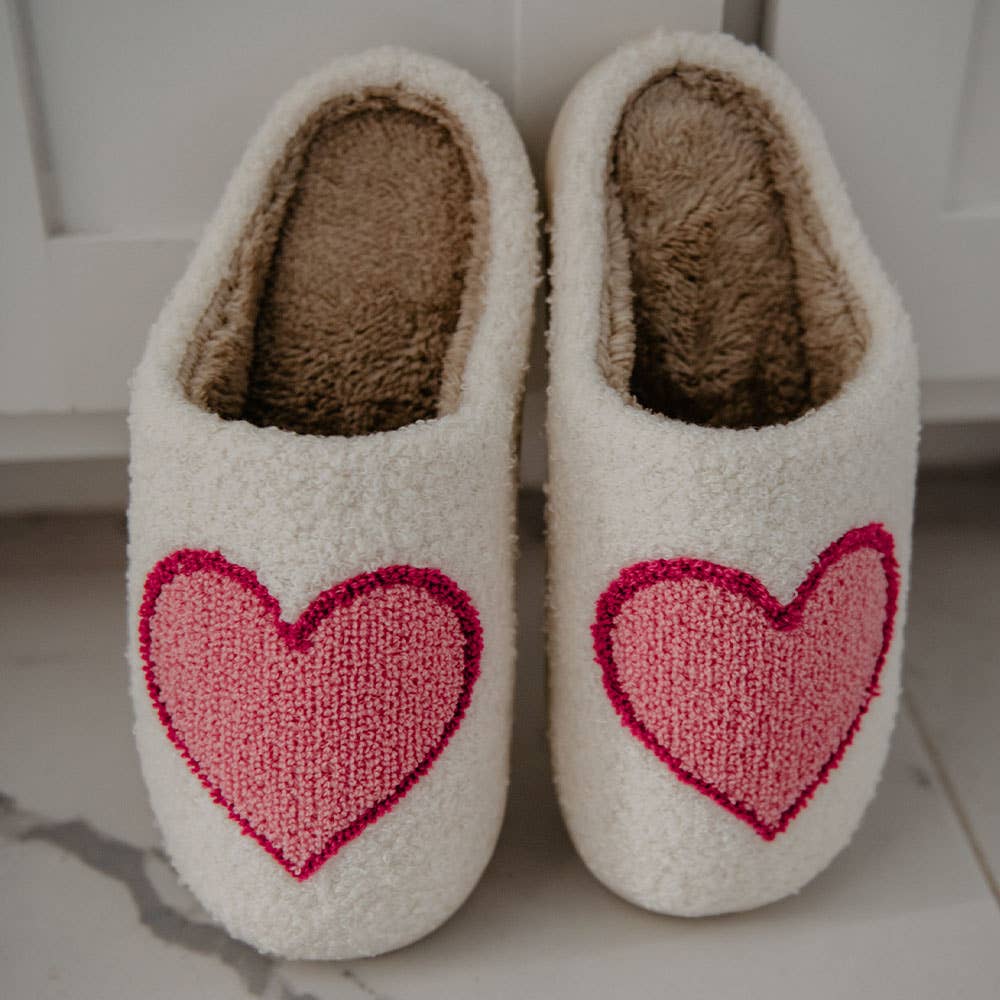 Pink+ Red Heart Fuzzy Slippers