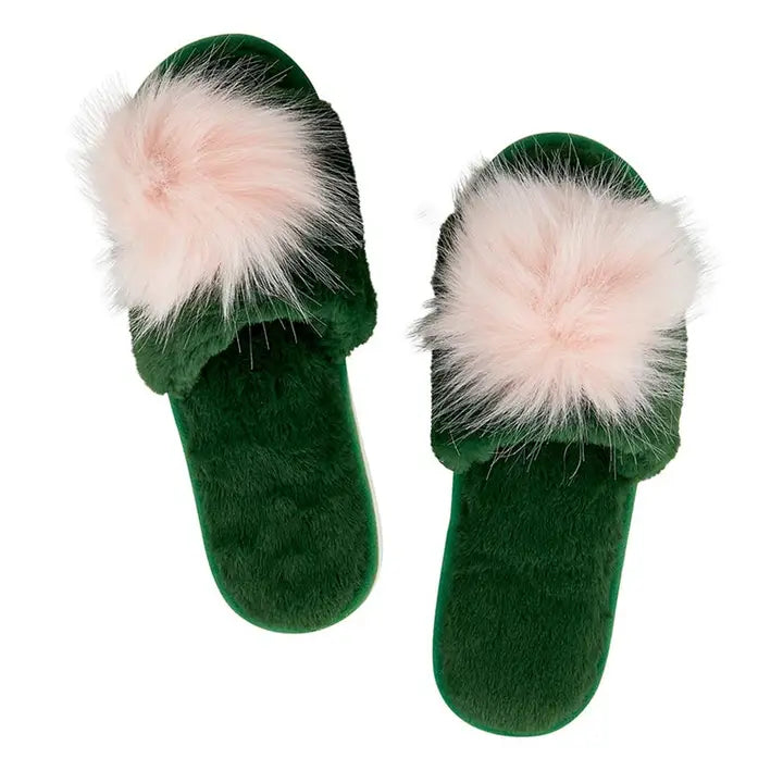 Green + Blush Pom Pom Slippers