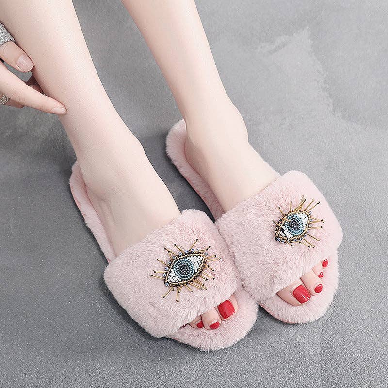 Fluffy Evil Eye Slippers