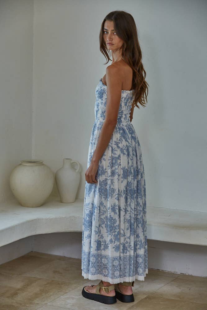 Floral Smocked Strapless Midi