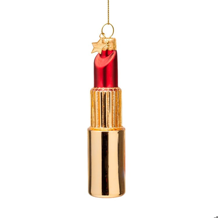 Ornament glass shiny gold/ matt red pink lipstick H4.25"