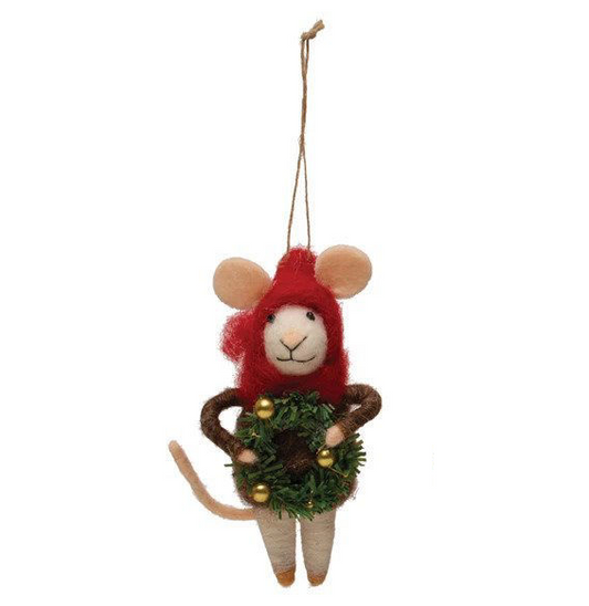 Wool Felt Mouse With Wreath Ornament