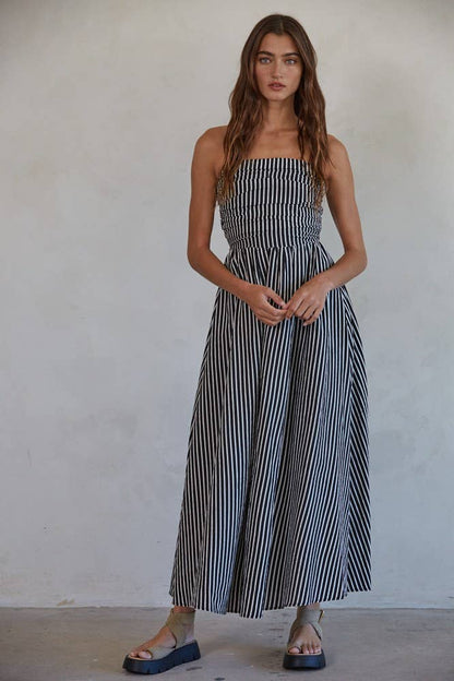 Striped Tube Strapless Flare Maxi Dress