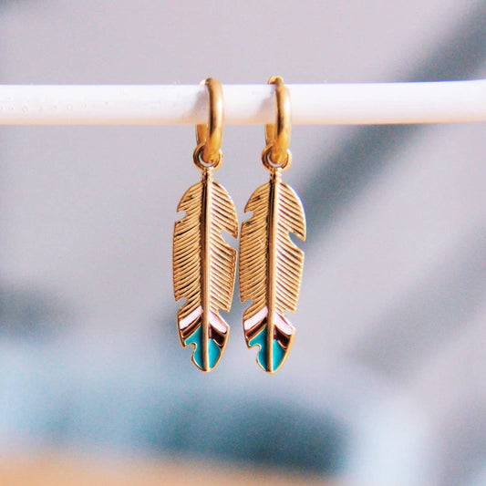 Steel hoop feathered earrings