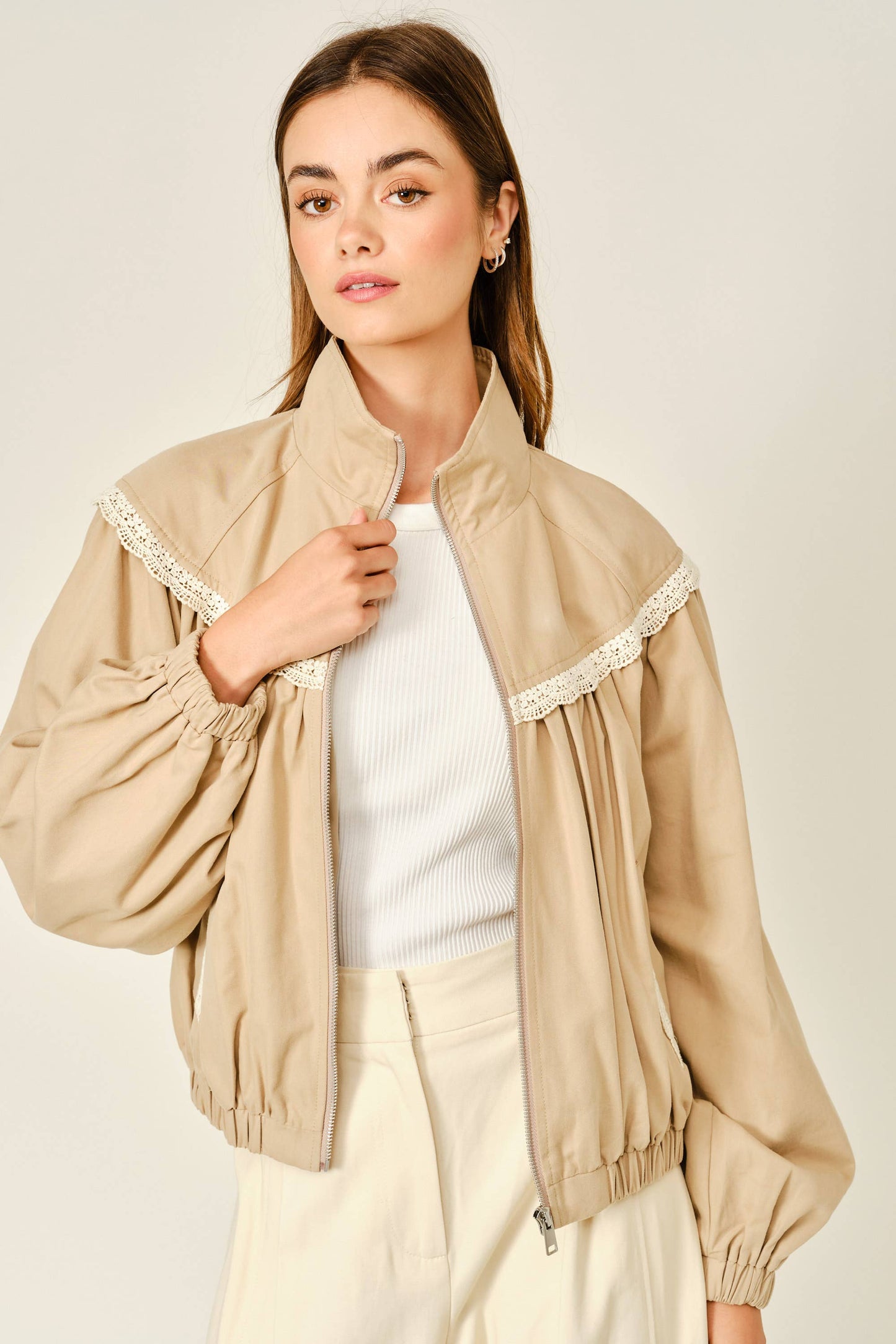 Lace Shirring Bomber Jacket
