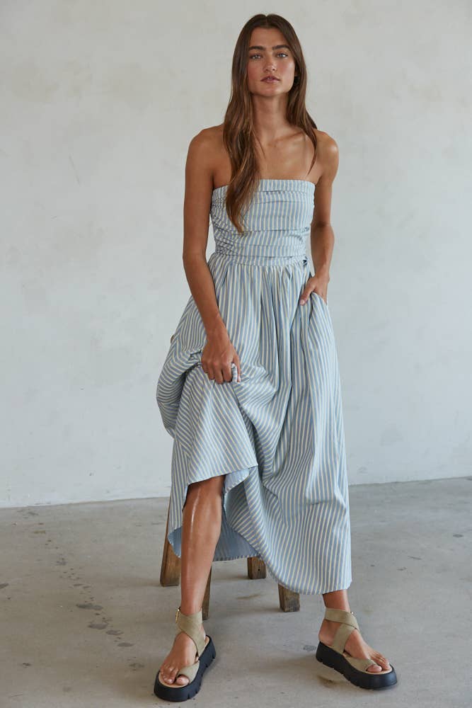 Striped Tube Strapless Flare Maxi Dress