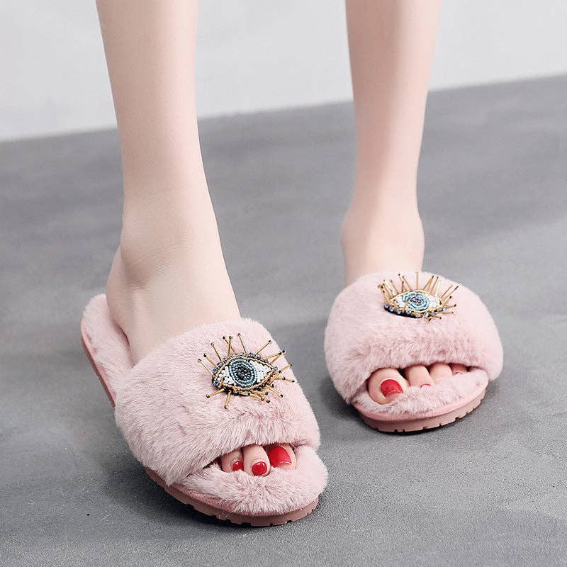 Fluffy Evil Eye Slippers