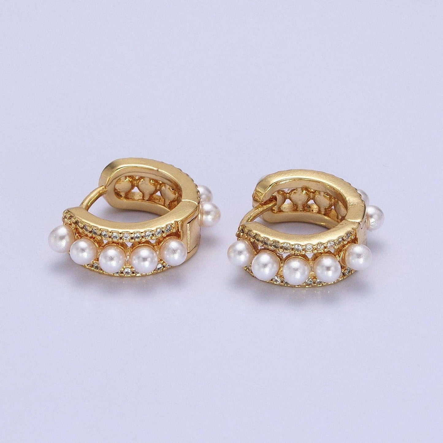 Gold Pearl Hoop Huggie Earrings