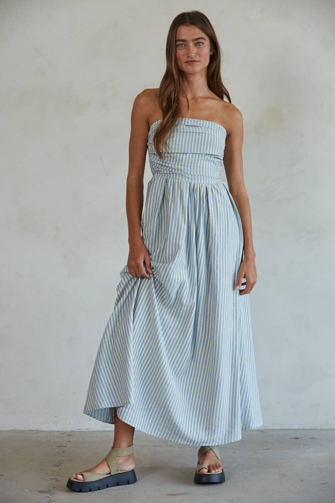 Striped Tube Strapless Flare Maxi Dress