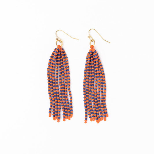 Navy & Orange Tassel Seed Bead Earrings