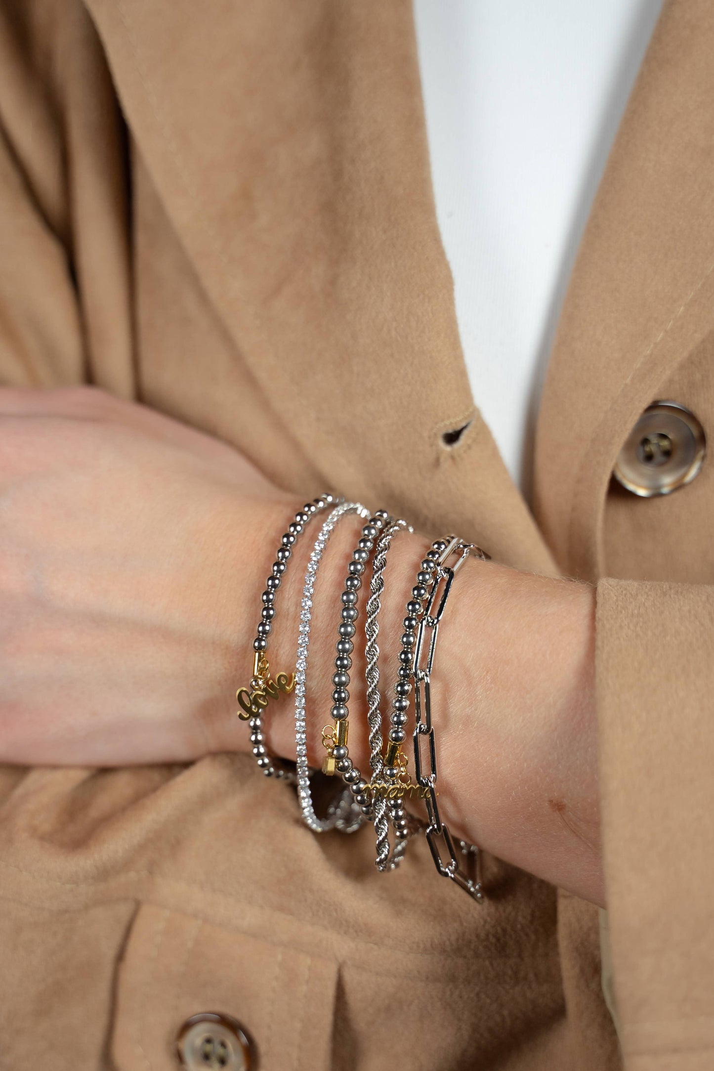 Silver Bead + Gold Lettering Bracelet