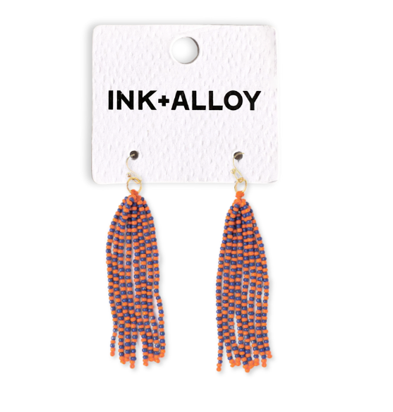 Navy & Orange Tassel Seed Bead Earrings