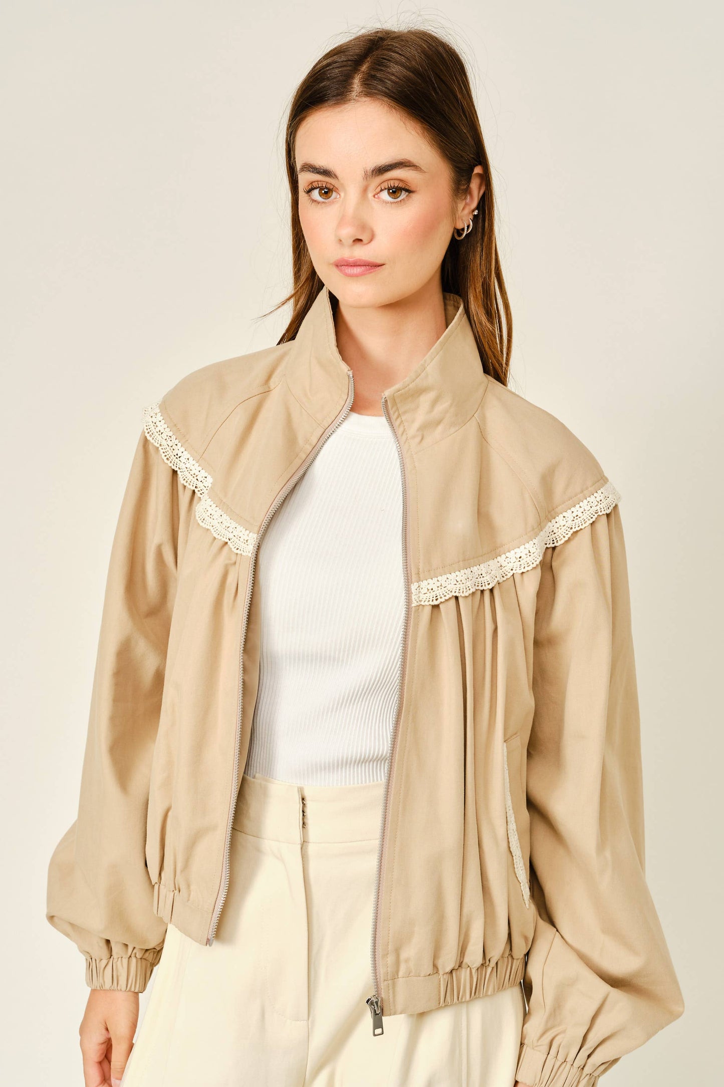 Lace Shirring Bomber Jacket