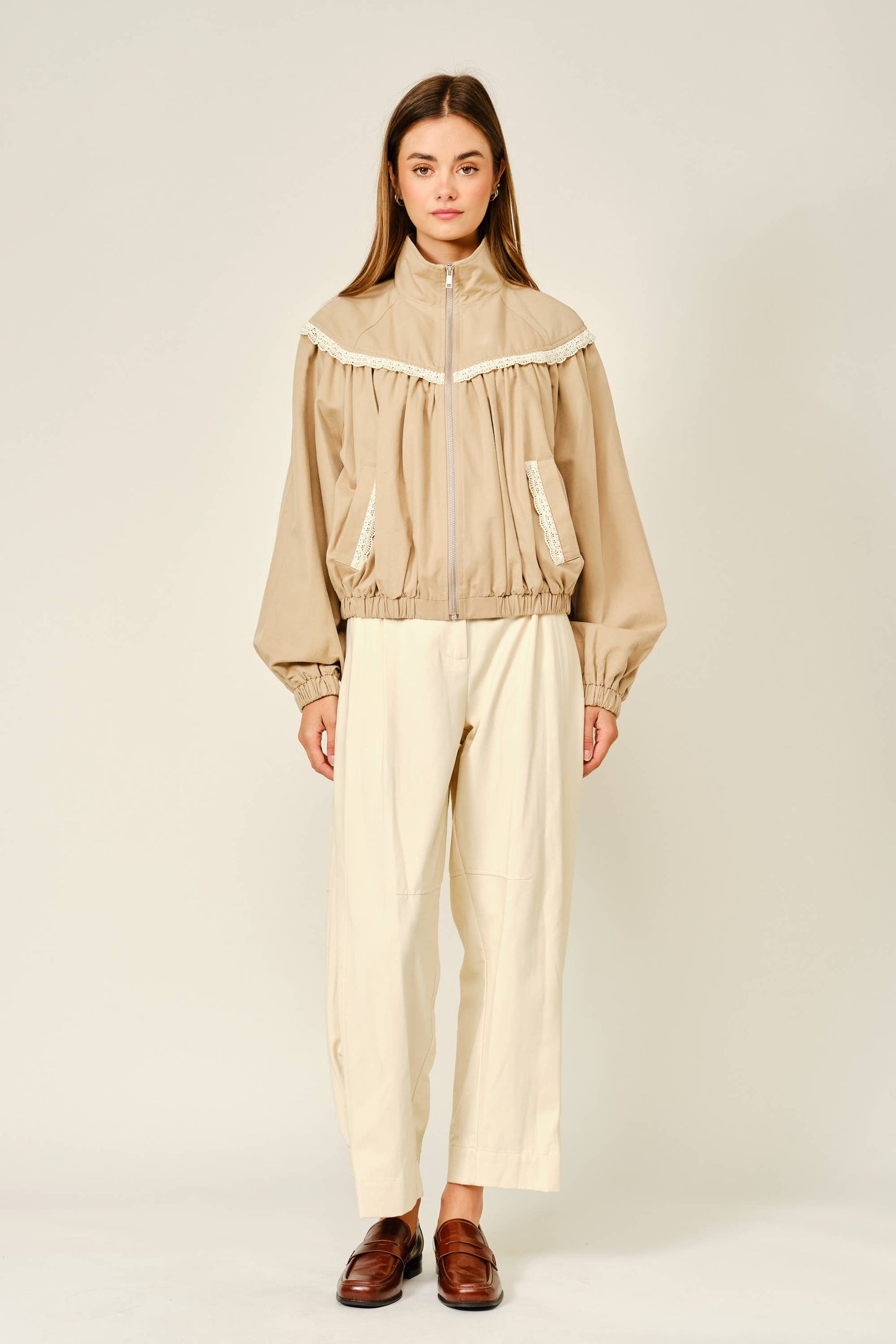 Lace Shirring Bomber Jacket