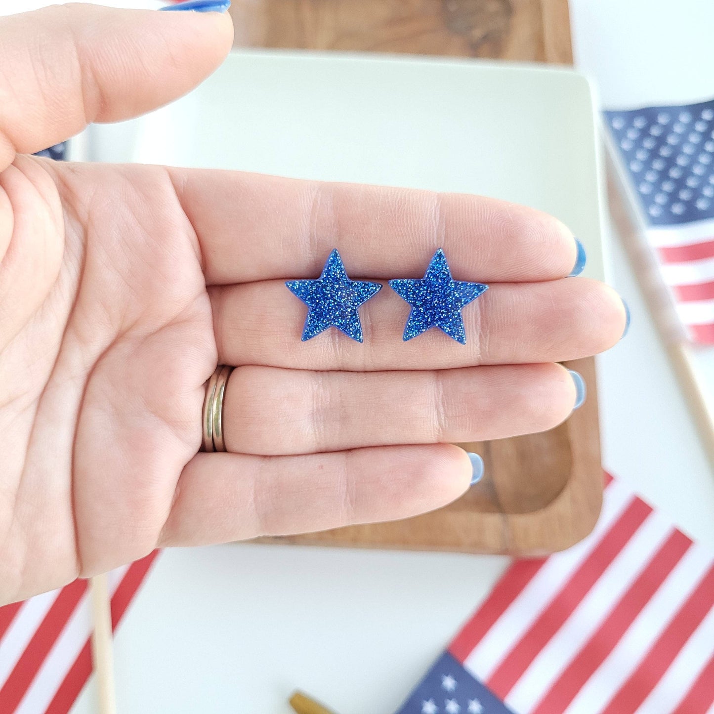 Blue Glitter Star Studs