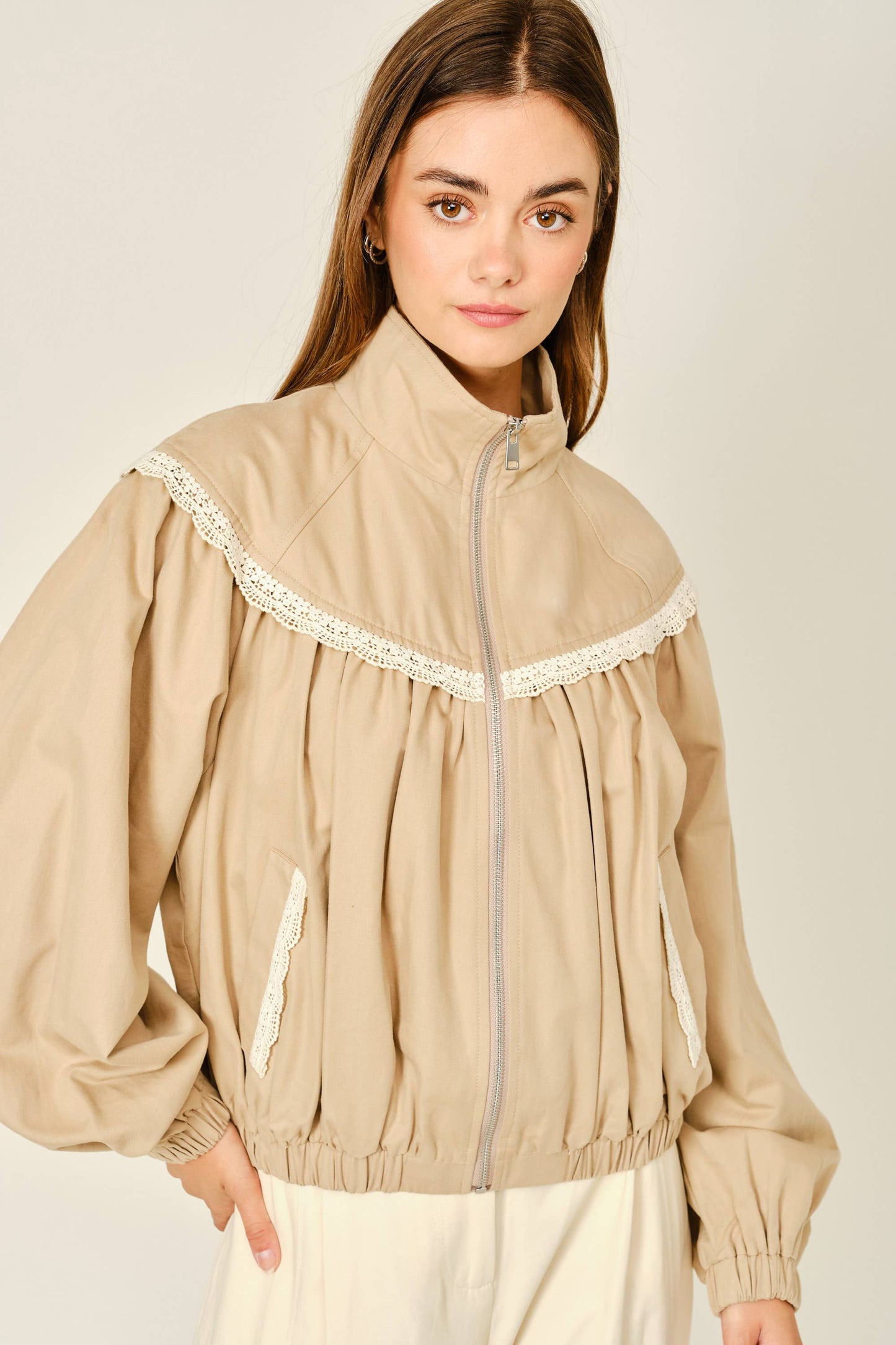 Lace Shirring Bomber Jacket