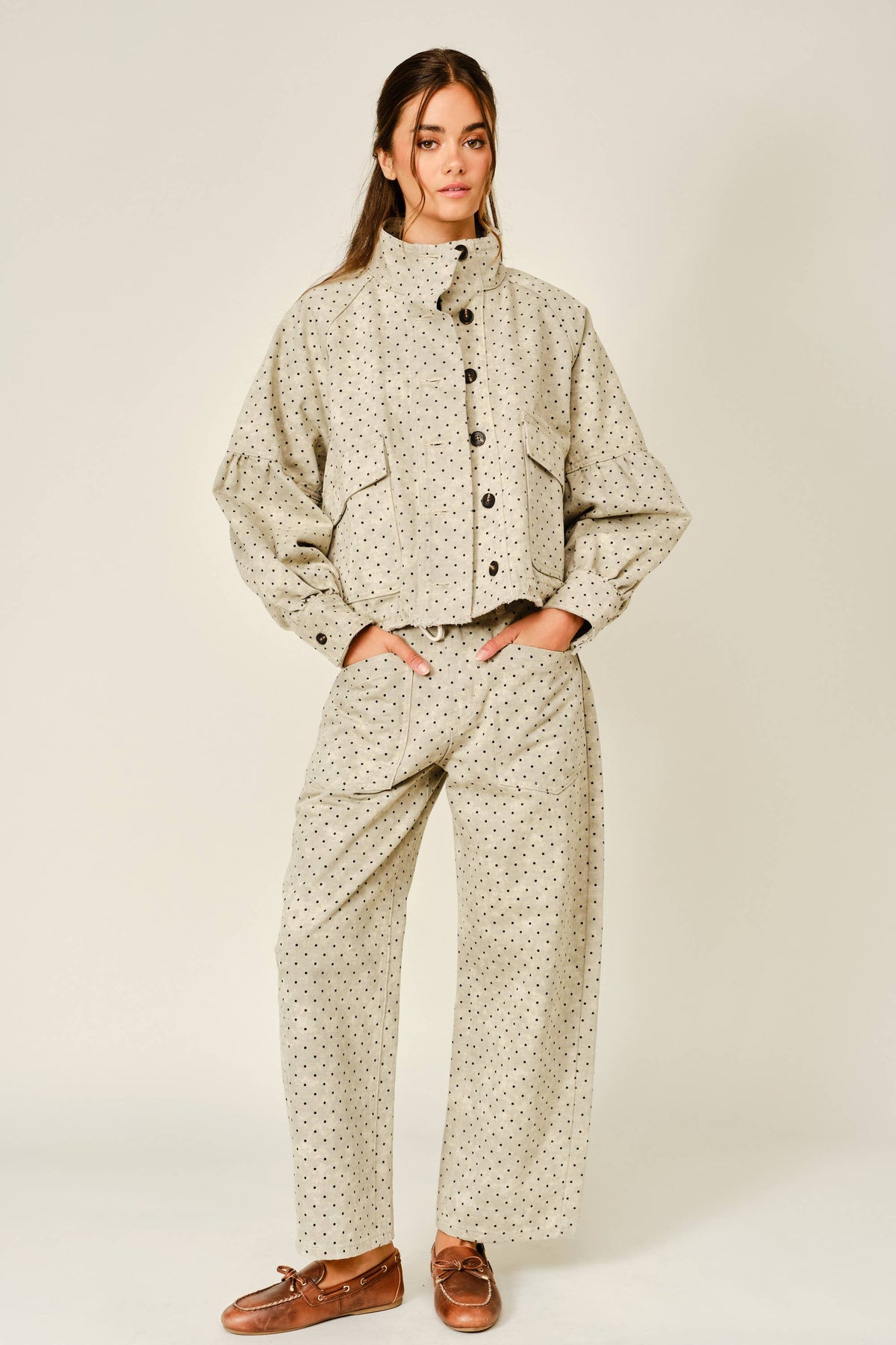 Aaron & Amber - AJJ6317 POLKA DOT BALLON SLEEVE TWILL JACKET