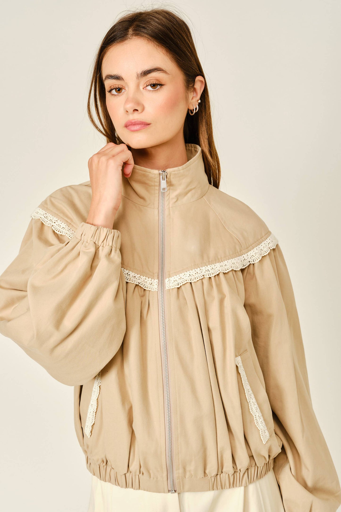 Lace Shirring Bomber Jacket