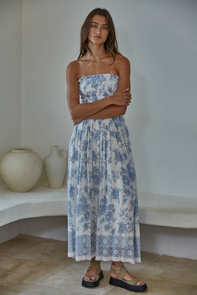 Floral Smocked Strapless Midi