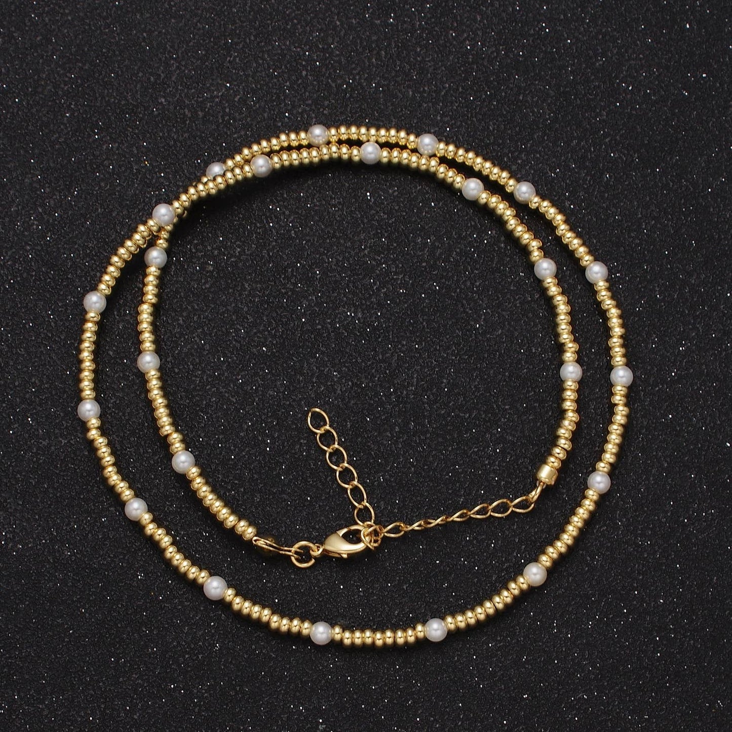 18K Gold Filled 3mm Beaded Necklace with Pearl for Layering