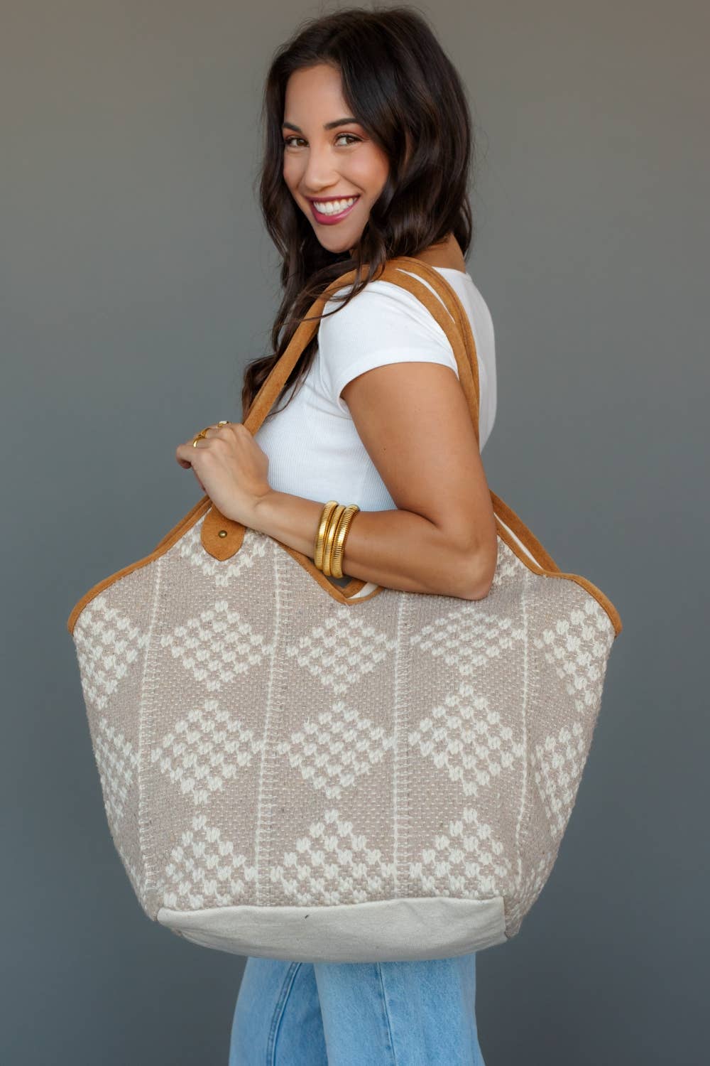 Beige & Cream Diamond Pattern Tote