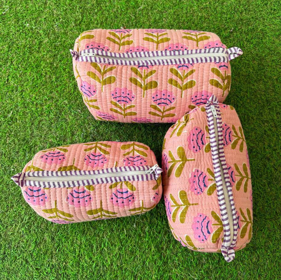 Cotton Quilted Print Cosmetic Bag -Set of 3