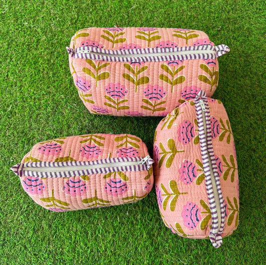 Cotton Quilted Print Cosmetic Bag -Set of 3