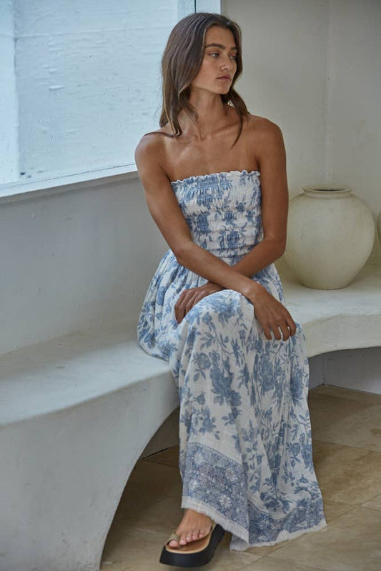 Floral Smocked Strapless Midi