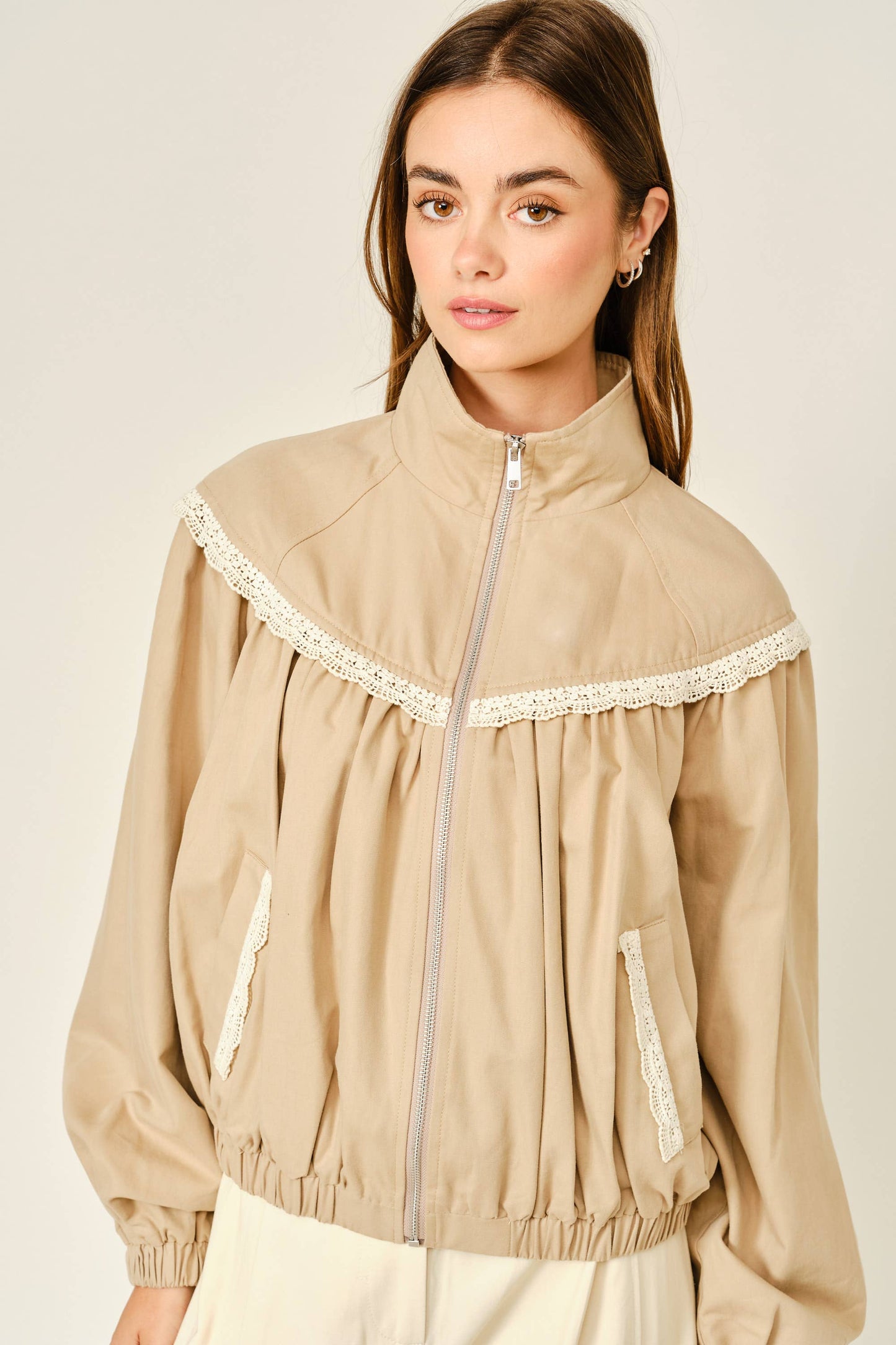 Lace Shirring Bomber Jacket
