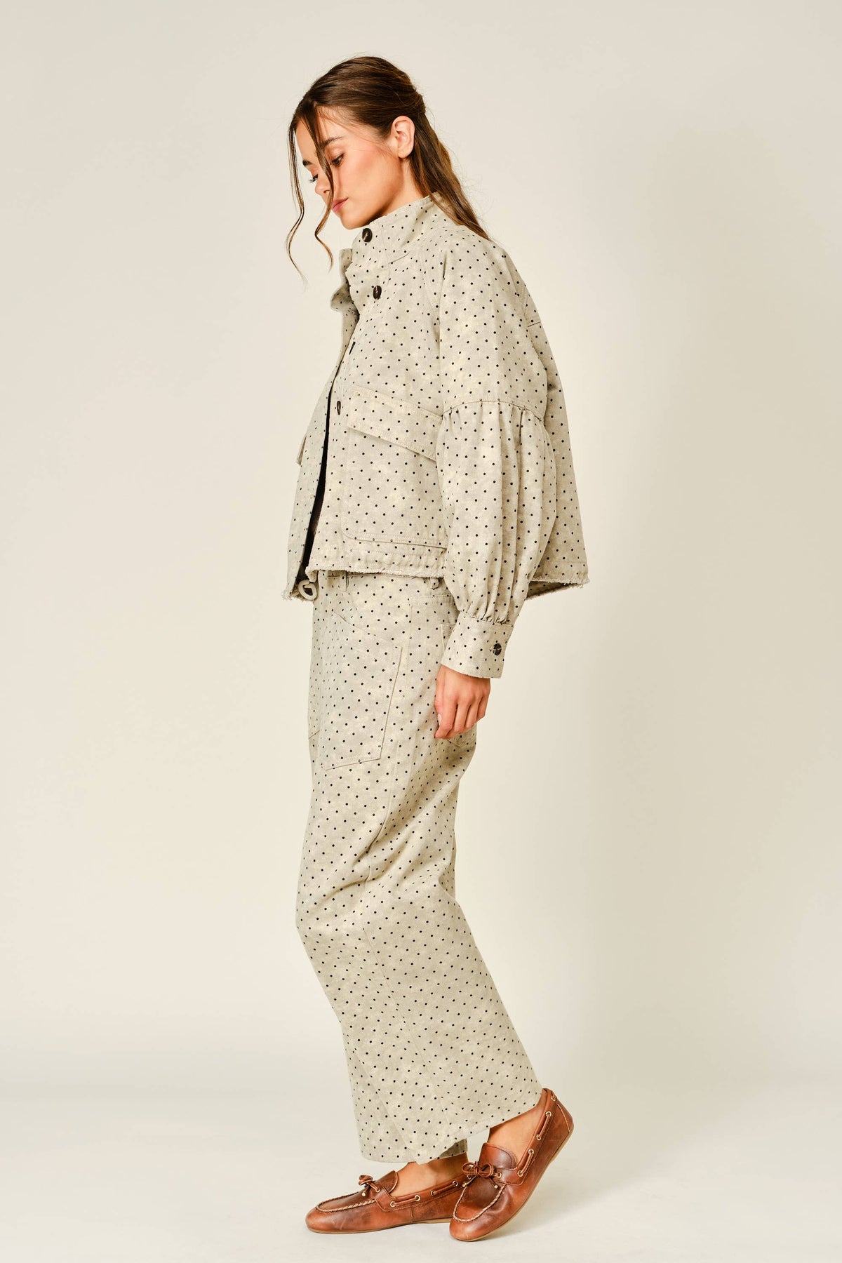 Aaron & Amber - AJJ6317 POLKA DOT BALLON SLEEVE TWILL JACKET