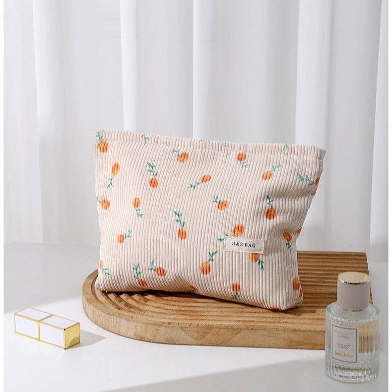 Cream and Floral Corduroy Cosmetic Bag
