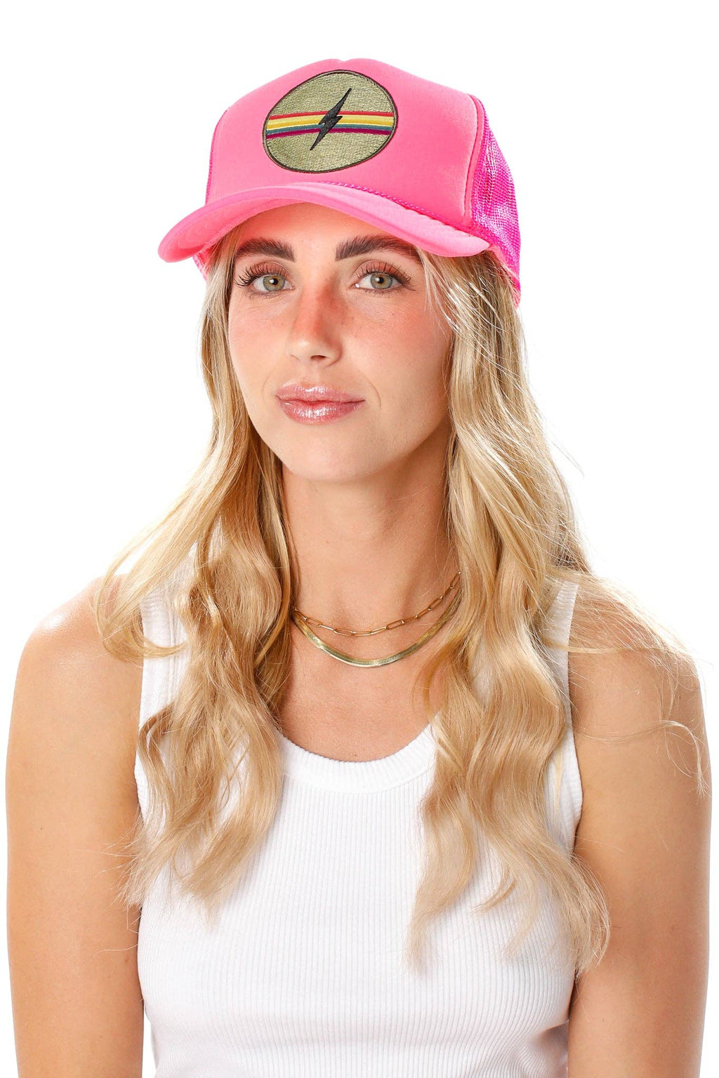 Electric Rainbow Trucker Hat in Pink