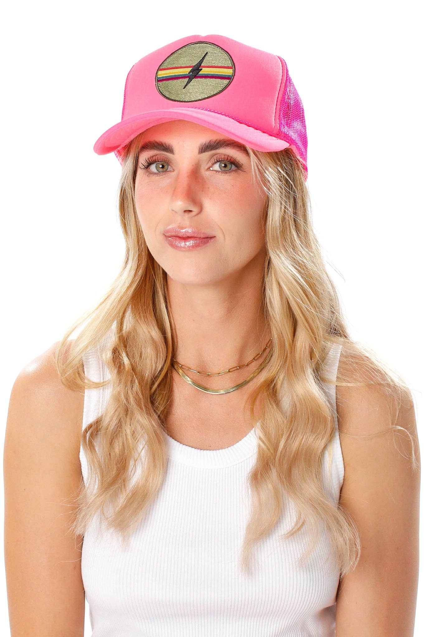Electric Rainbow Trucker Hat in Pink