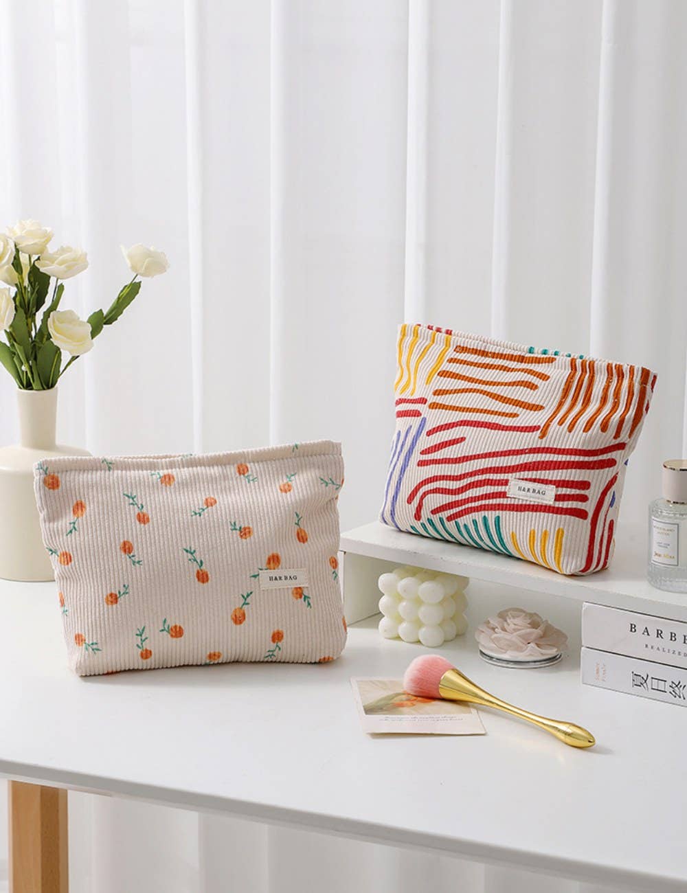 Cream and Floral Corduroy Cosmetic Bag