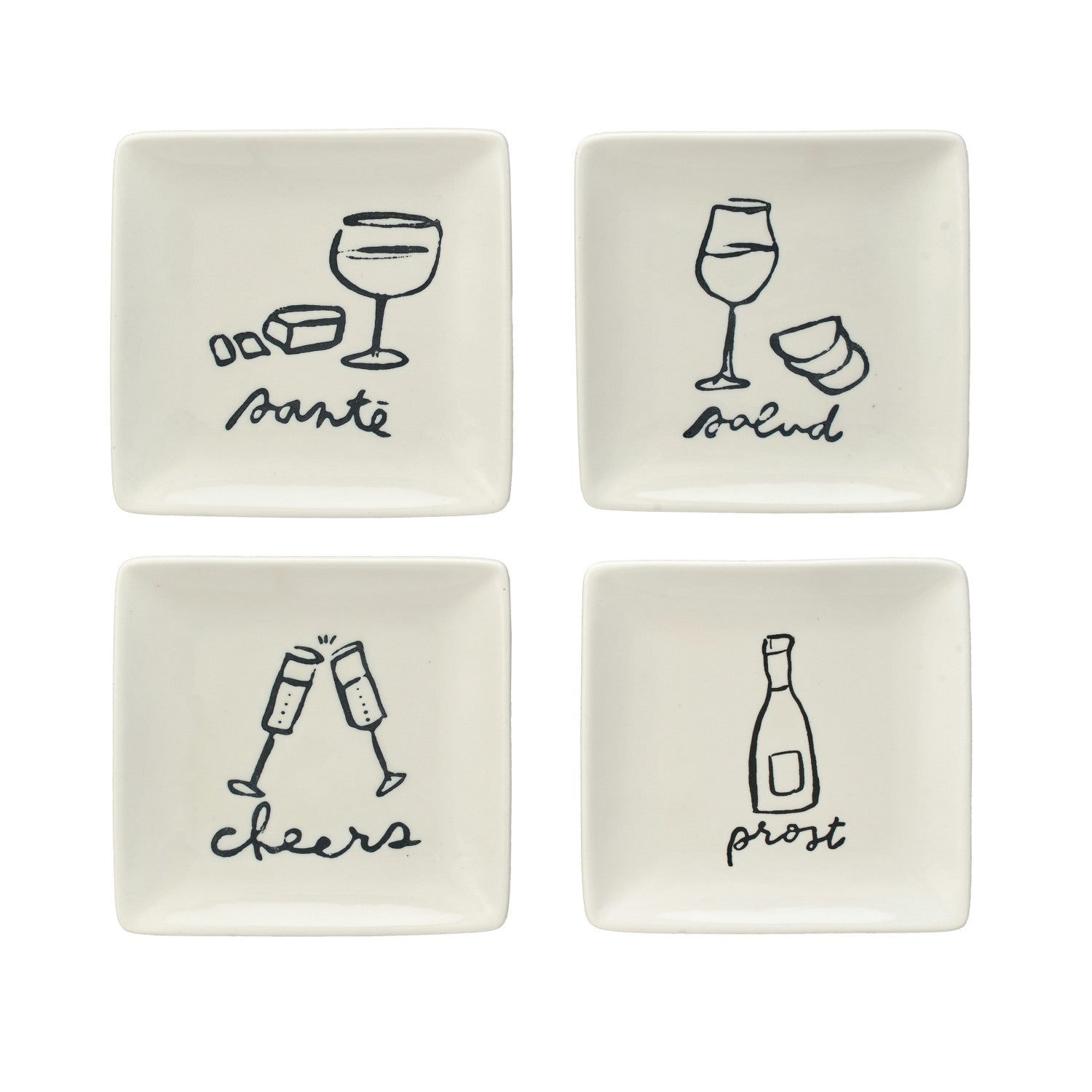 Stoneware Dish w/ Wine Art & Word, White & Black, 4 Styles