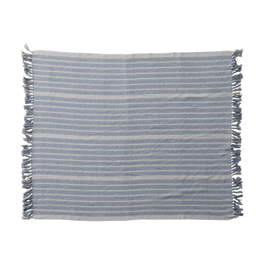 Woven Recycled Cotton Blend Throw with Stripes & Fringe