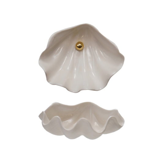 Stoneware Clam Shell Shaped Dish with Gold Electroplated Faux Pearl