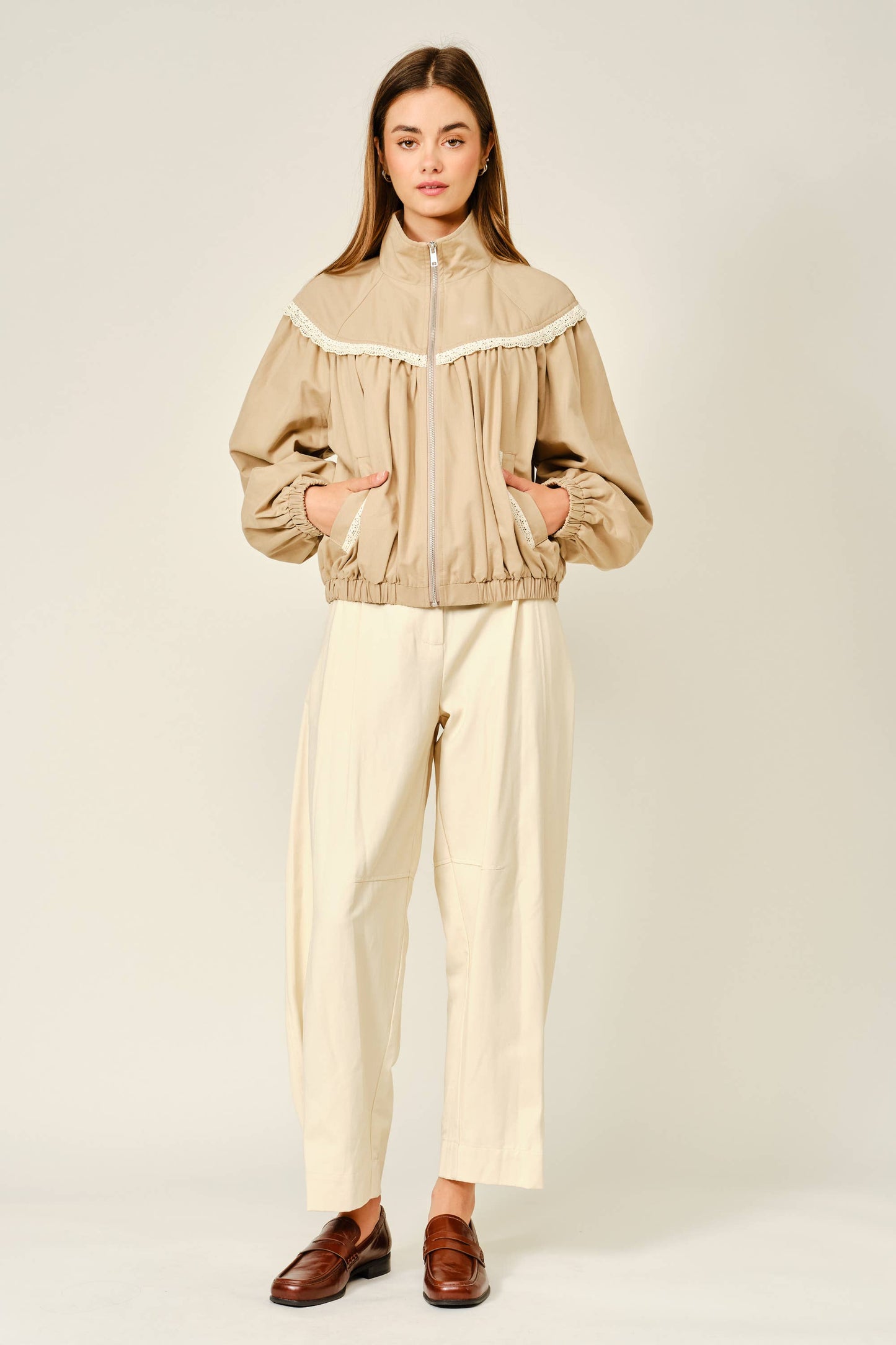 Lace Shirring Bomber Jacket