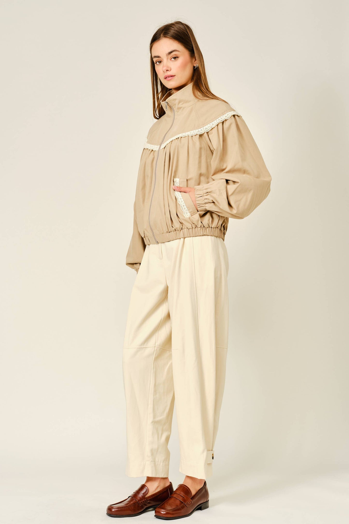 Lace Shirring Bomber Jacket