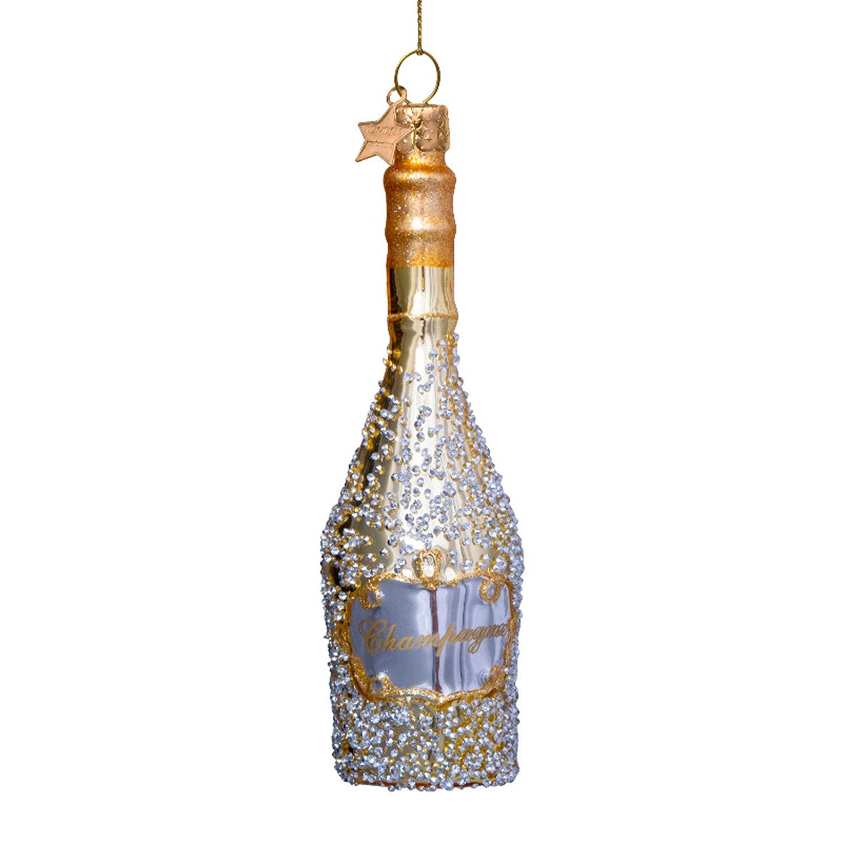 Ornament gold champagne bottle w/diamonds H6"