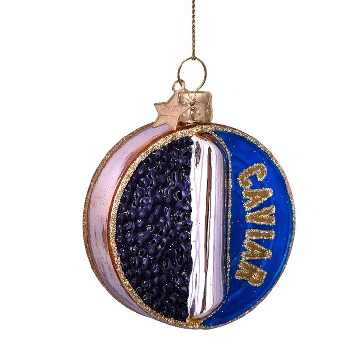 Ornament glass Rose black and blue caviar tin can H3"
