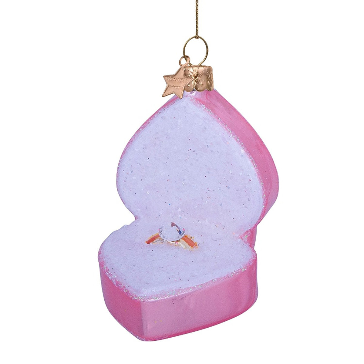Ornament glass soft pink heart box w/wedding ring H3.5"
