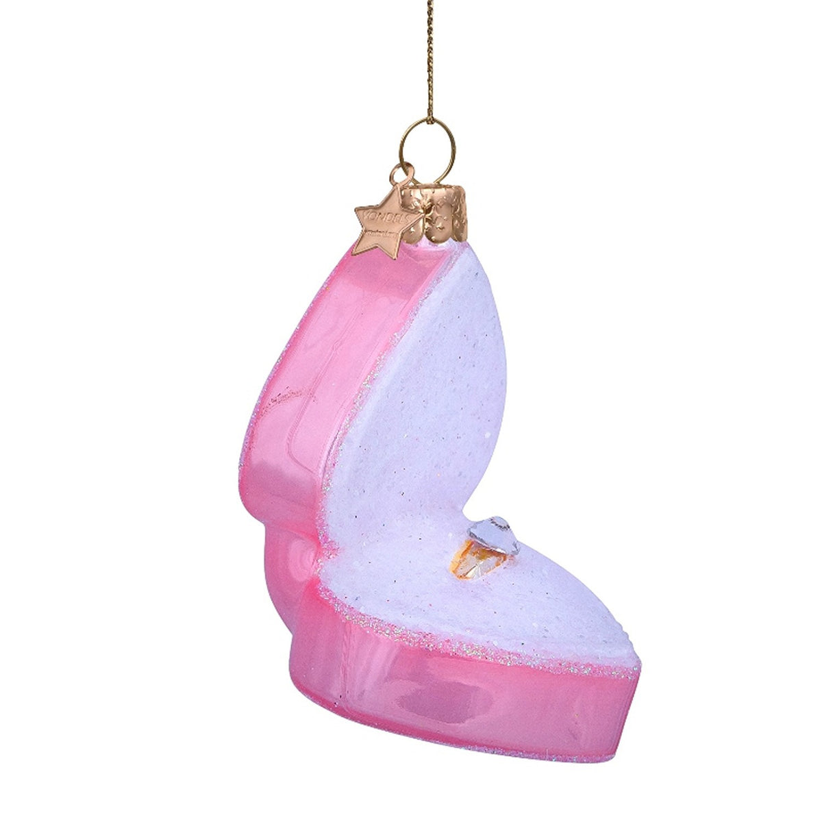 Ornament glass soft pink heart box w/wedding ring H3.5"