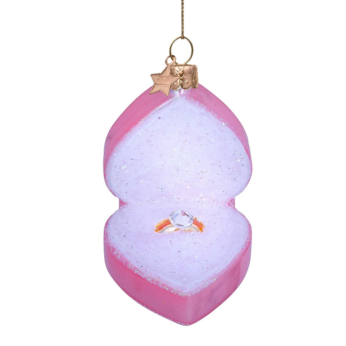 Ornament glass soft pink heart box w/wedding ring H3.5"