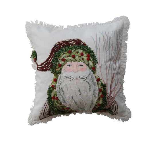 18" Square Cotton Slub Printed Pillow with Santa, Embroidery & Fringe ©