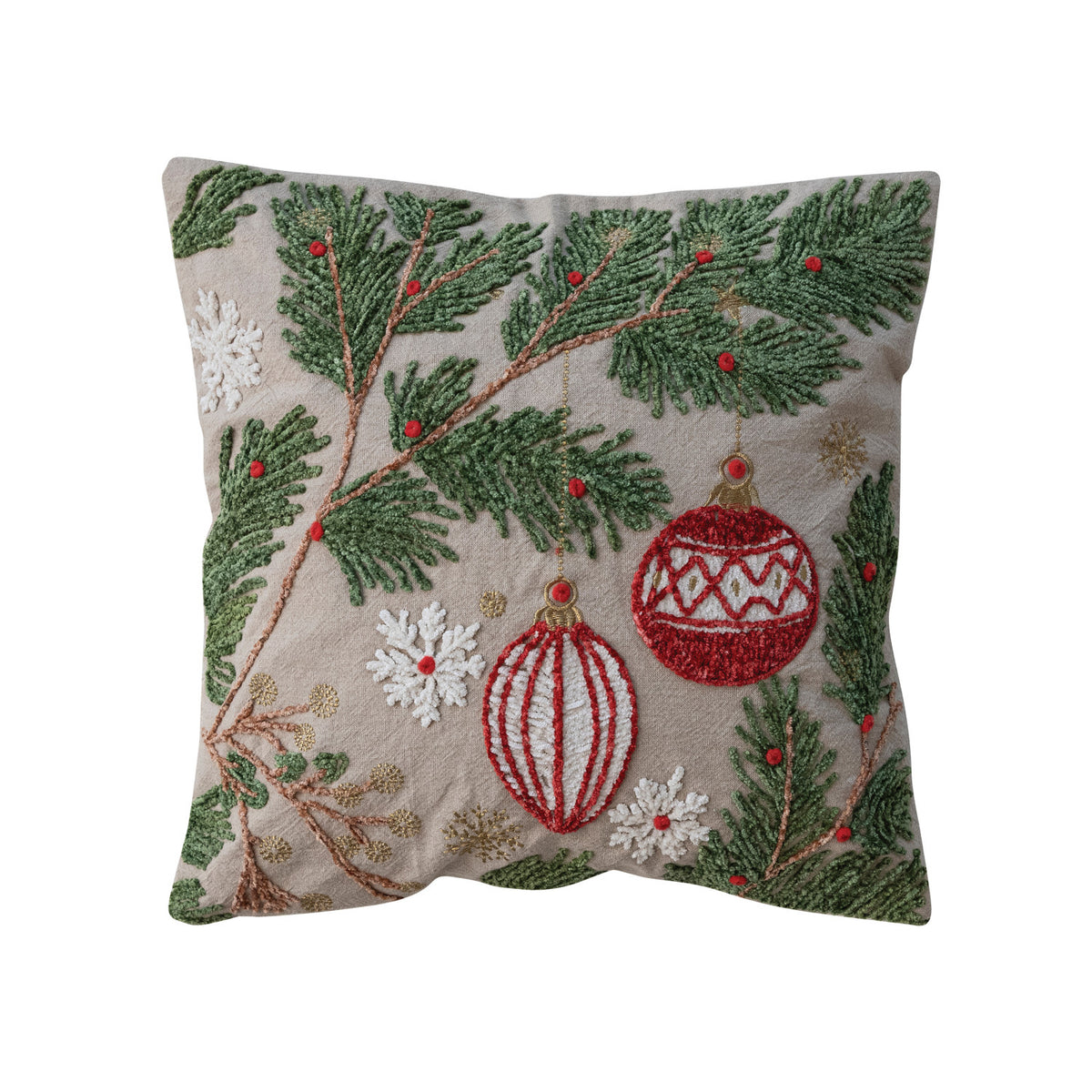 18" Square Cotton Pillow with Embroidered Pine Boughs, Ornaments & Snowflakes