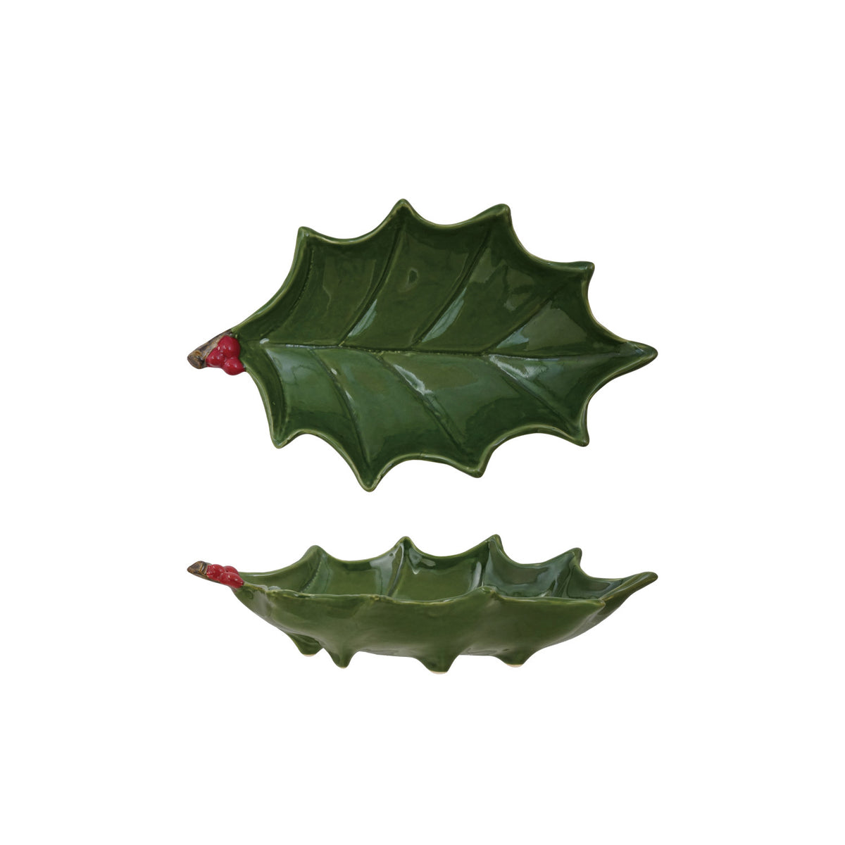 Hand-Painted Holly Leaf Shaped Footed Tray with Berries, Green & Red