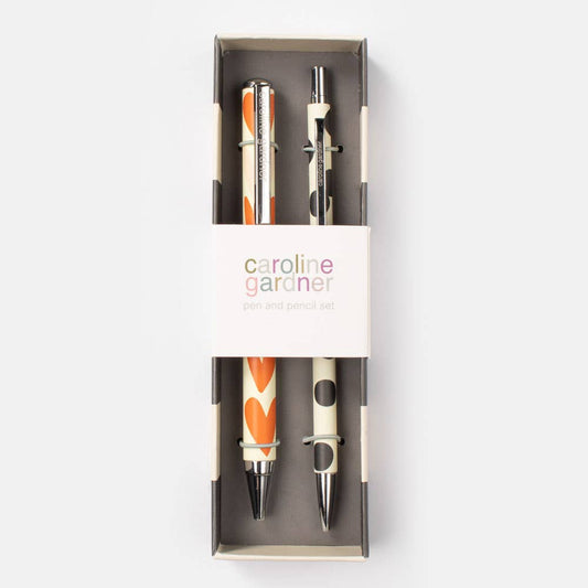 Set of 2 Boxed Pen & Pencil - Orange Hearts/Mono Spot